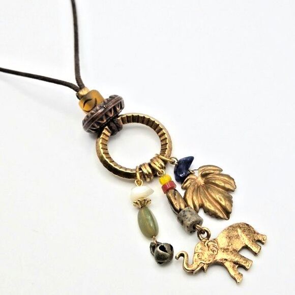 Brass Tone Y-Drop Charm Necklace on Cord with Elephant Bell Leaf and Bead Charms - Picture 1 of 5
